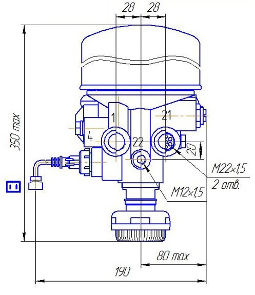 Схема габаритных размеров осушителя сжатого воздуха А01.03.000-01