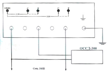 Рис.2. Схема подключения осциллятора ОССД-30 к сети 380 В