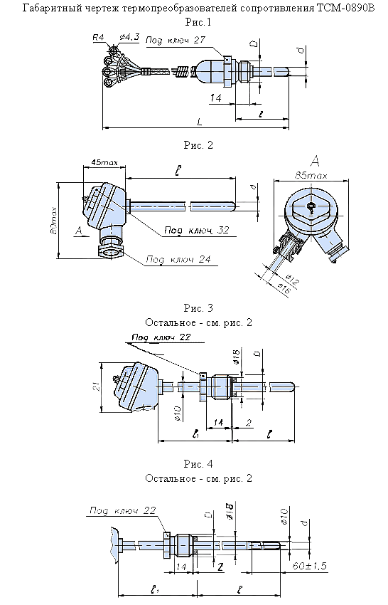 Схема габаритных размеров термопреобразователей сопротивления ТСМ-0890В