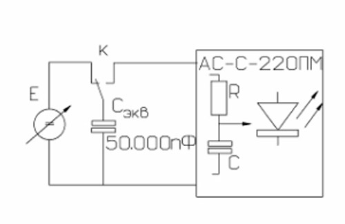 Устойчивость АС-С-220ПМ к одиночной импульсной помехе критерий -напряжение на конденсаторе привозящее к зажиганию светодиода